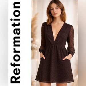 Reformation Black Sheer Chiffon Mini Dress Deep V Neck- Size S